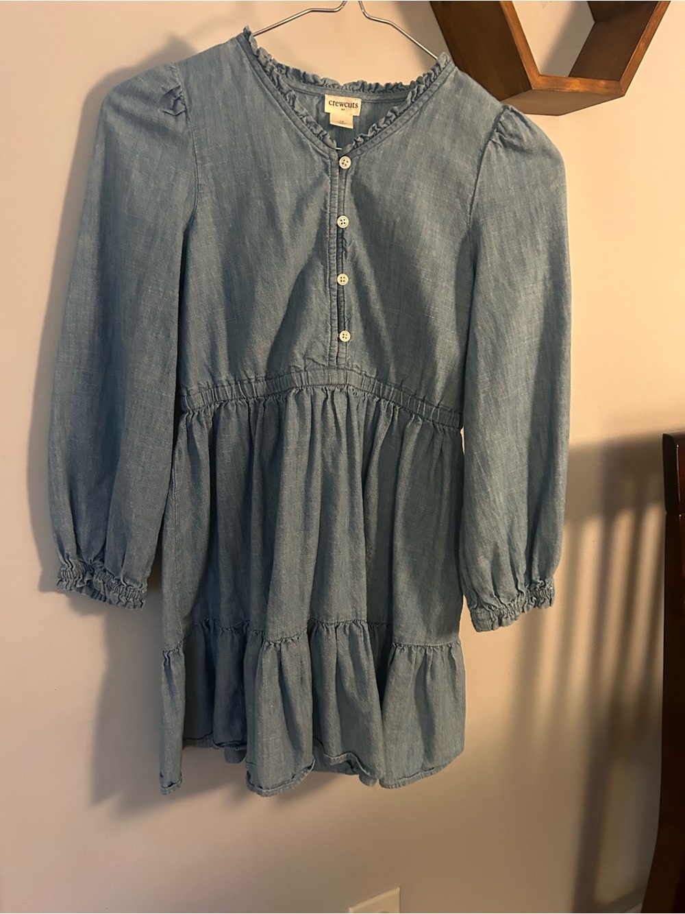 Crewcuts Light Blue Denim-Look Long Sleeve Tiered Dress